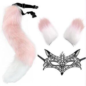 🆕 Women Pink Wolf Mask Faux Fur Ears Headband Hair Clips Cosplay Party Costume